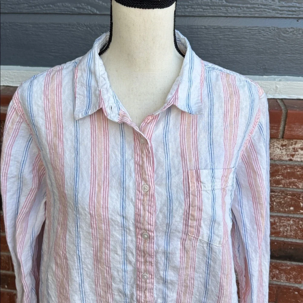 L.L. Bean Blue White Striped 100% Linen Long Sleeve Tunic Shirt XL Extra Large